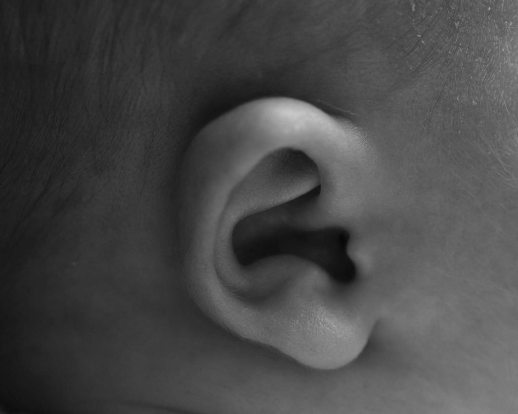 black and white Newborn Photography close up of the ear