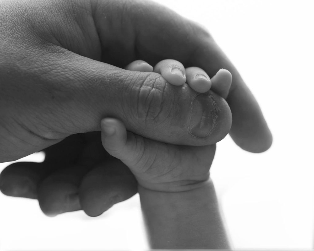 Black and white Newborn Photography little hand holding the parents thumb against a white background